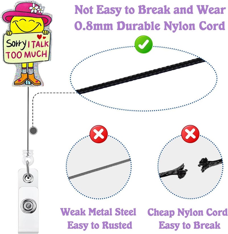 Bydevia Sorry I Talk Too Much Badge Reel Retractable, Funny Badge Reel for Nurse Nursing RN MA CNA LPN Medical Worker & Office Staff, Smiley Girl Badge Holder with Alligator Clip & 24” Durable Nylon Cord - Image 4